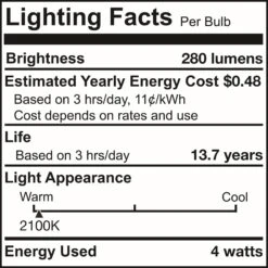 Dimmable 4 Watt 2100K LED Light Bulb 4 Pack By Bulbrite 15 Dimmable 4 Watt 2100K LED Light Bulb 4 Pack By Bulbrite -Light Bulbs Sales Store Bulbrite 862790 6 Specs