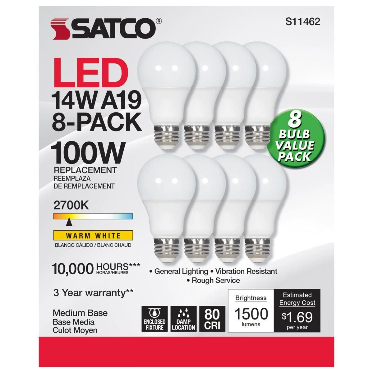 14 Watt 2700K A19 Pack Of 8 LED Light Bulb By Satco 4 14 Watt 2700K A19 Pack Of 8 LED Light Bulb By Satco - Image 2