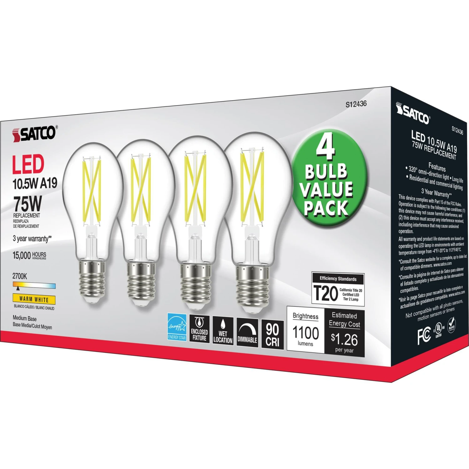 Dimmable 10.5 Watt 2700K A19 LED Light Bulb By Satco 6 Dimmable 10.5 Watt 2700K A19 LED Light Bulb By Satco - Image 4