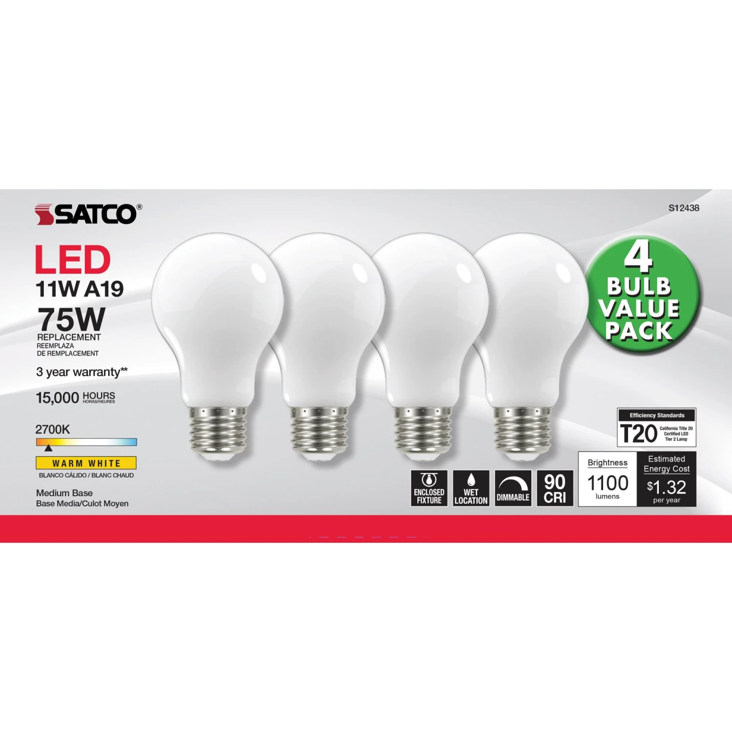 Dimmable 11 Watt 2700K A19 LED Light Bulb By Satco 4 Dimmable 11 Watt 2700K A19 LED Light Bulb By Satco - Image 2