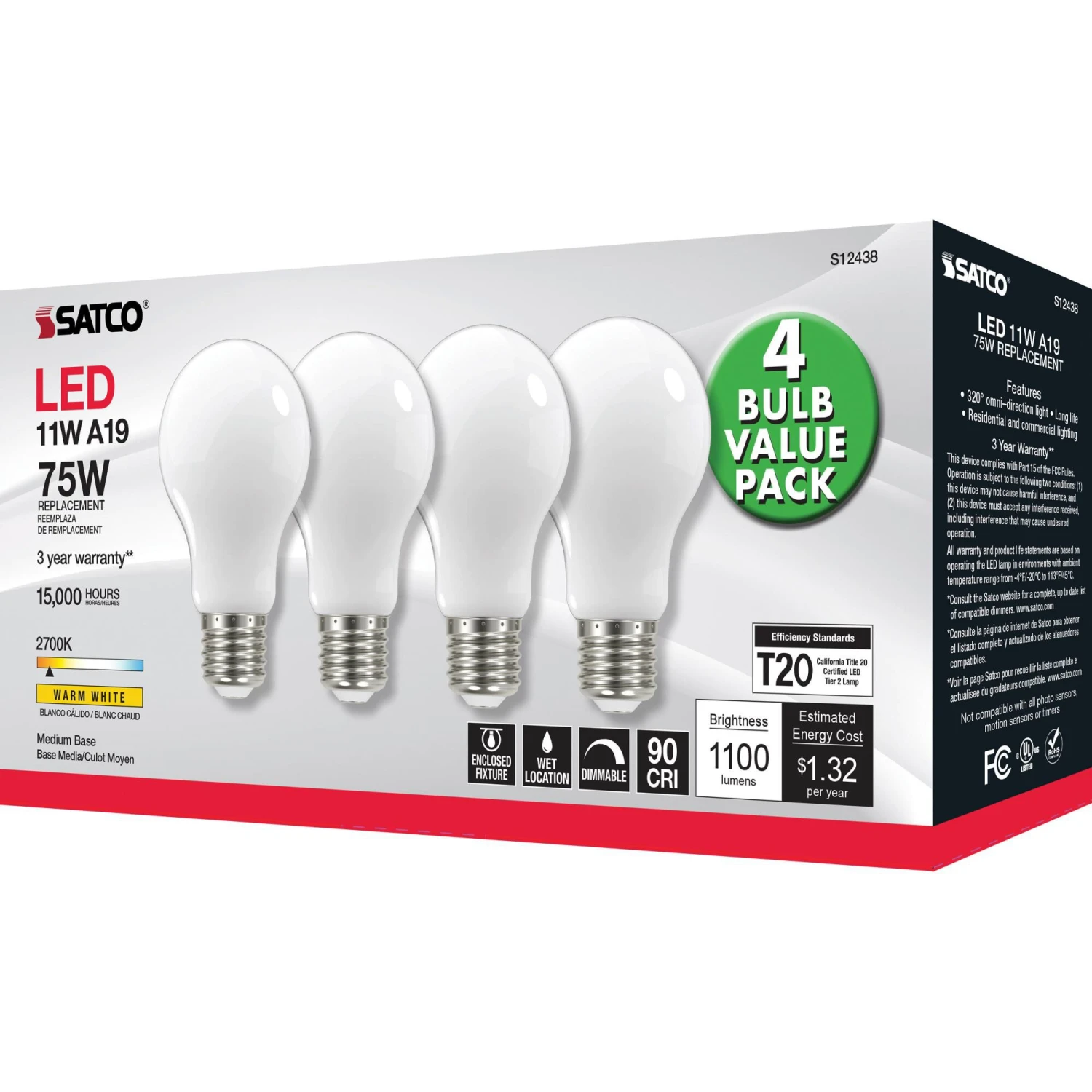 Dimmable 11 Watt 2700K A19 LED Light Bulb By Satco 6 Dimmable 11 Watt 2700K A19 LED Light Bulb By Satco - Image 4
