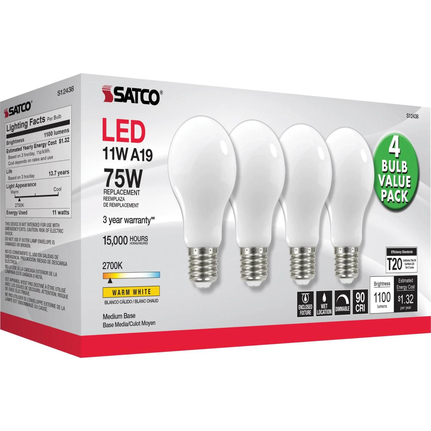 Dimmable 11 Watt 2700K A19 LED Light Bulb By Satco 5 Dimmable 11 Watt 2700K A19 LED Light Bulb By Satco - Image 3