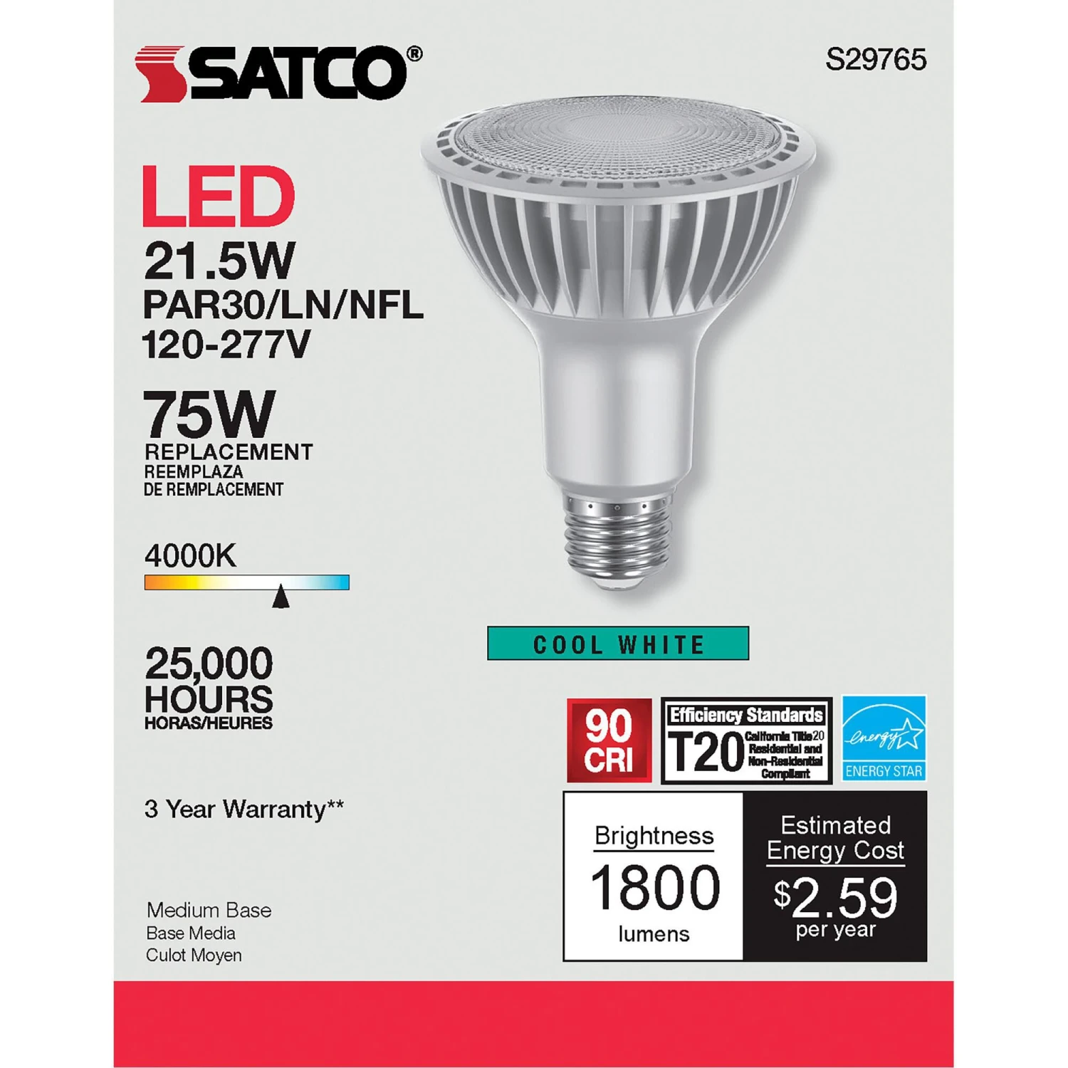 21.5 Watt 4000K PAR30LN LED Light Bulb By Satco 7 21.5 Watt 4000K PAR30LN LED Light Bulb By Satco - Image 5